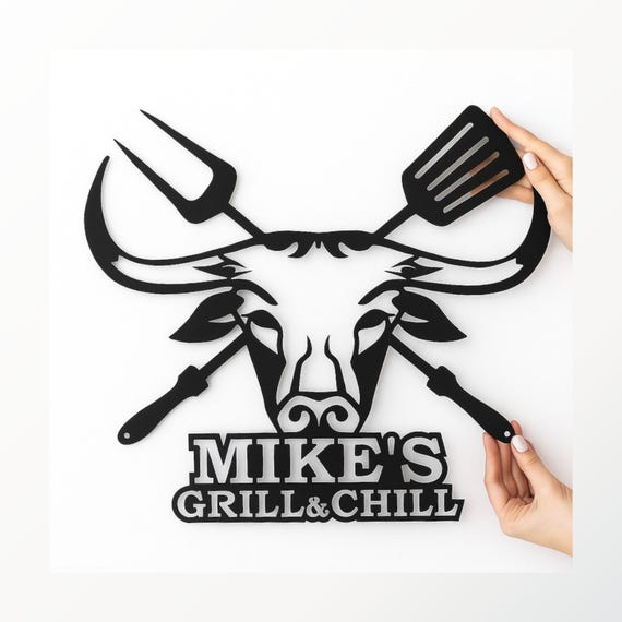 Personalized BBQ Metal Name Sign - Custom Grill and Chill Wall Decor for Outdoor Kitchen