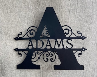 Custom Family Name Metal Sign - Personalized Monogram Wreath - Split Initials