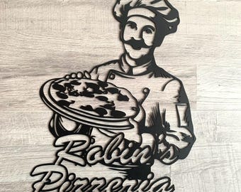 Metalowy szyld z nazwą pizzerii, spersonalizowany wystrój włoskiej restauracji, sztuka ścienna na zewnątrz