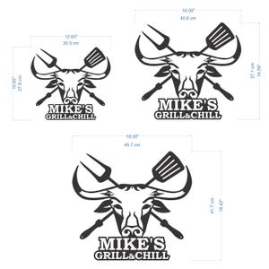 Black and white silhouette of a bull's head with crossed grilling tools, a spatula and a fork. The text "MIKE'S GRILL & CHILL" is below the bull's head. The image includes measurements in inches and centimeters.