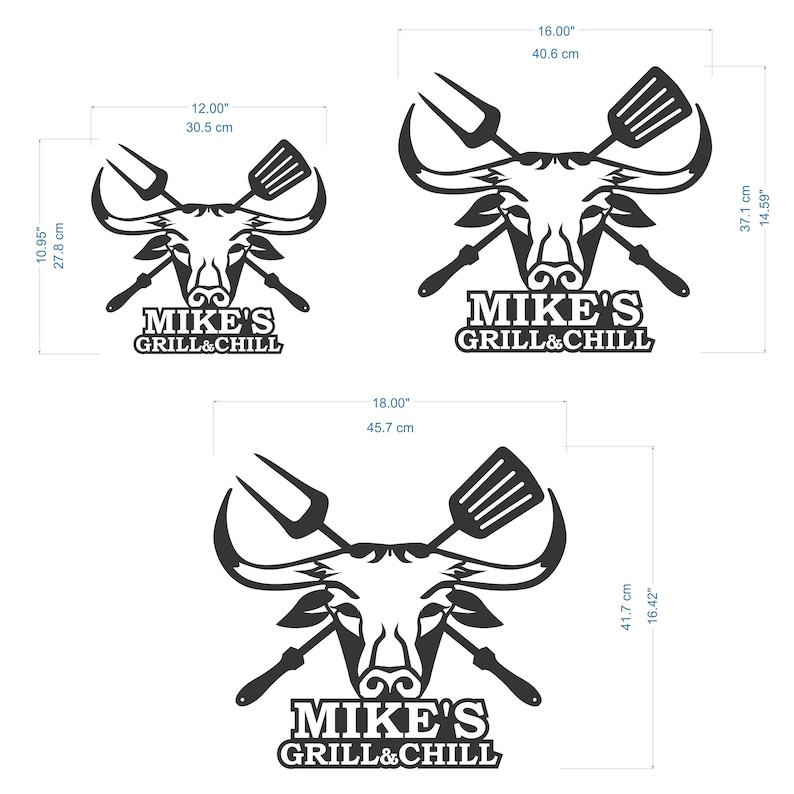 Black and white silhouette of a bull's head with crossed grilling tools, a spatula and a fork. The text "MIKE'S GRILL & CHILL" is below the bull's head. The image includes measurements in inches and centimeters.