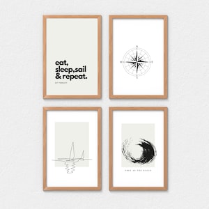Sailing Wall Art, 4er-Set I Digitaldrucke I Nautische Wanddekoration I Minimalistisches Segelboot Poster