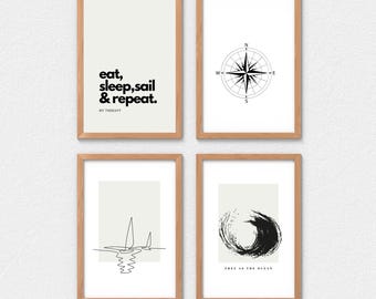 Nautical Sailing Art Prints: Minimalist Sailboat Decor (Set of 4) (Digital Download)