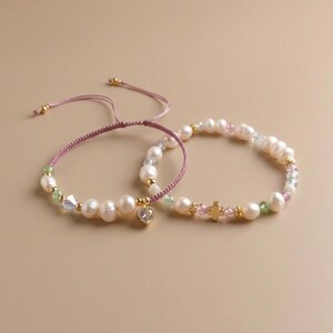 Pearl Macrame Bracelet Set, Gold Heart Cross Charms, Lilac Zircon Jewelry