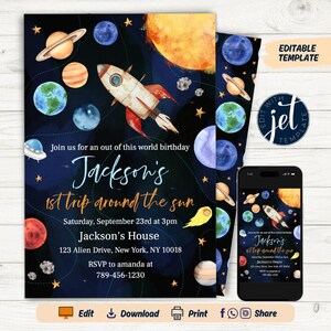 Faire-part d'anniversaire modifiable dans l'espace extra-atmosphérique, faire-part d'anniversaire dans l'espace extra-atmosphérique, invitation de fusée, invitation de fête de planètes