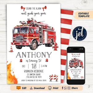 Editable Firetruck Invitation  Birthday Invitation, Fire Truck Invitation, Firetruck Birthday Invitation, Fire Truck Theme Party, Firetruck