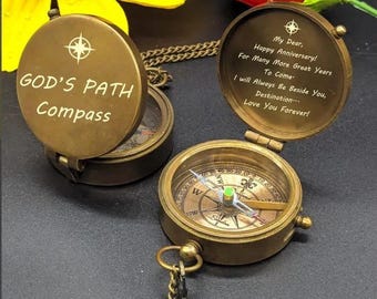 Custom ENGRAVED Working POCKET COMPASS Gift For Men - Handmade Nautical Compass With Leather Case - Personalized Gift For Travelers