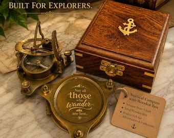 Personalized Brass Sundial Compass, Teak Wood Box – Traveler's Gift