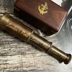 PERSONALIZED Brass PIRATE TELESCOPE For Kids And Adults – Engraved Monocular Spyglass With Wooden Box – Nautical Gift For Sailors