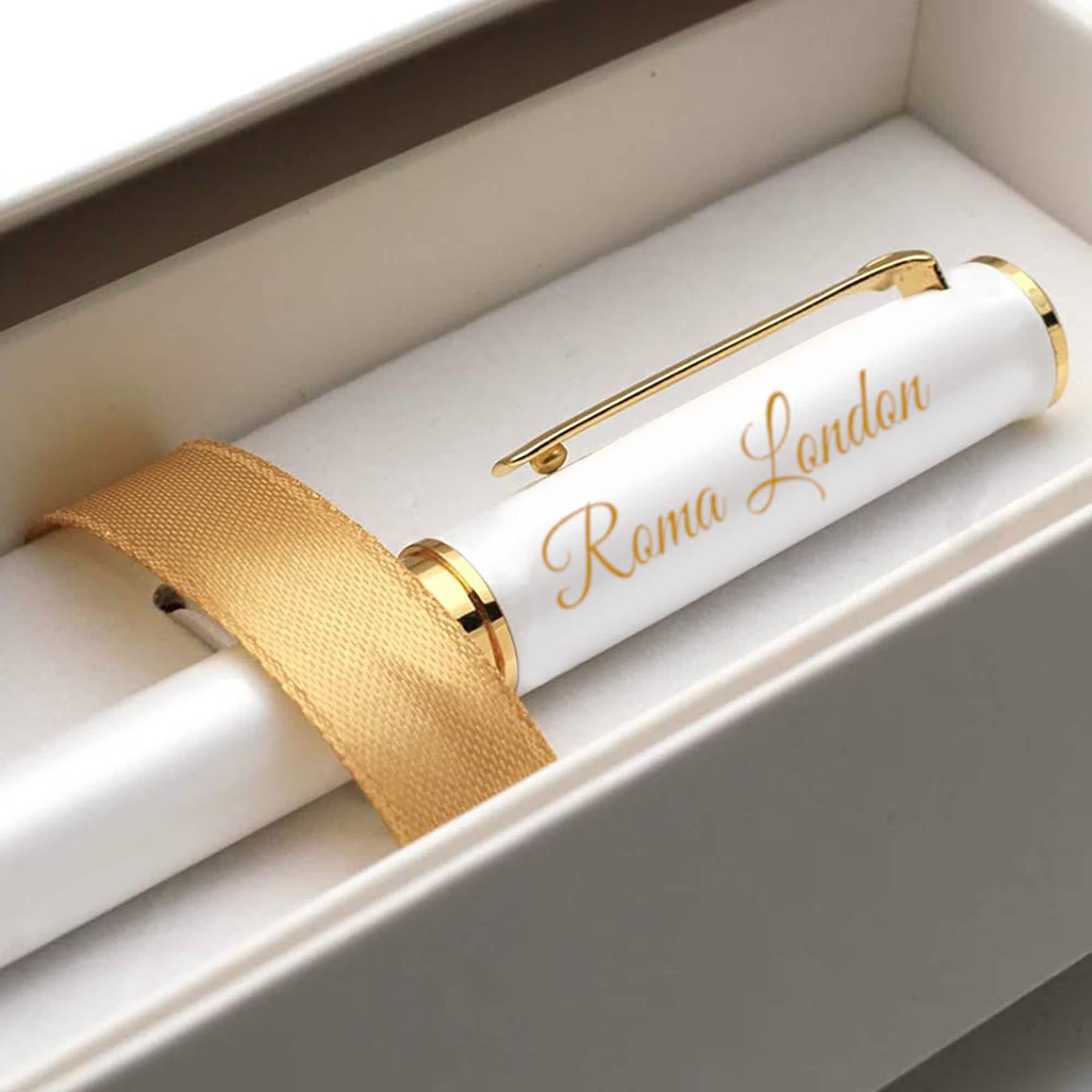PERSONALIZED White Metal FOUNTAIN PEN With Box - Laser Engraved Schmidt Ink Ballpoint Pen – Perfect Gift For Christmas, Birthday And Wedding