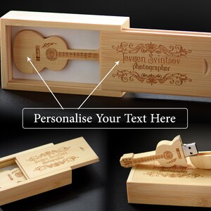 May include: A wooden box with a guitar-shaped USB drive inside. The box is engraved with the text "Evgen Svintsov photographer" and the words "Personalise Your Text Here".