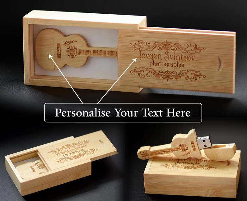 May include: A wooden box with a guitar-shaped USB drive inside. The box is engraved with the text "Evgen Svintsov photographer" and the words "Personalise Your Text Here".