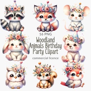 Cute Animal Birthday Party Clipart, Watercolor Clipart, Kids Party PNG, Woodland Animal Party PNG, Birthday Celebration PNG, Animal Party