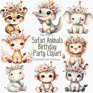 Cute Animal Birthday Party Clipart, Watercolor PNG, Kids Party PNG, Safari Animal Party PNG, Digital Download, Clipart Bundle, Sublimation