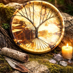 Handmade Deer Hide Frame Drum, Tree of Life Design, Cedar Wood
