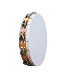 May include: A tambourine with a light brown wooden frame and a white drumhead. The frame has silver jingles around the perimeter. The instrument is designed for percussion and music performance.