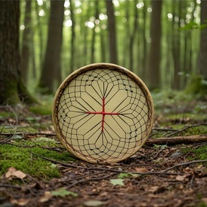 May include: A round, beige dreamcatcher with a geometric web design and a red cross in the center. The dreamcatcher is set against a backdrop of a lush green forest floor with moss and fallen branches.