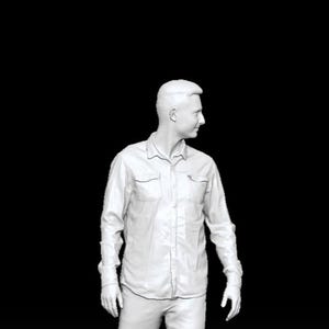May include: A monochromatic white 3D figurine of a person standing and looking to the right. The figure wears a long-sleeved button-down shirt with two chest pockets, slim-fit trousers with cuffed hems, and low-top sneakers. The text IE_031 is visible.