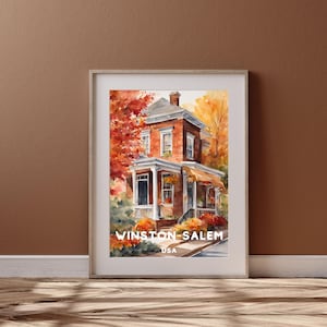 North Carolina - Winston-Salem City Travel Art, Printable Winston-Salem City Poster, America Gift, Digital Download, Watercolor Autumn