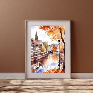 Arte di viaggio di Strasburgo, poster stampabile della città di Strasburgo, regalo Francia, download digitale, città stampabile, disegno autunnale ad acquerello