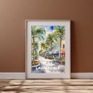Fort Lauderdale Travel Art, druckbare Florida Stadt Poster, Amerika Geschenk, digitaler Download, druckbare Stadt, Aquarell Herbst Design