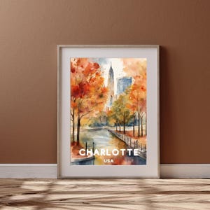North Carolina - Charlotte City Travel Art, Printable Charlotte City Poster, America Gift, Digital Download, Wedding Gift, Watercolor Autumn