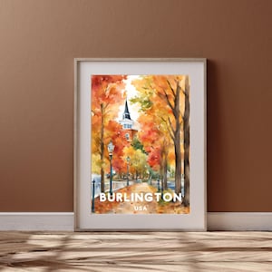 Arte de viaje de la ciudad de Burlington, póster imprimible de la ciudad de Burlington, regalo de Estados Unidos, descarga digital, regalo de boda, acuarela de otoño