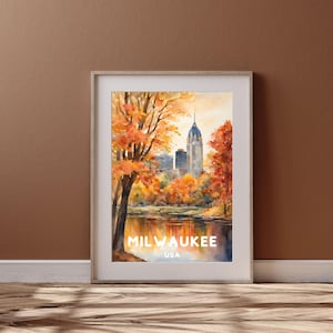 Wisconsin - Arte de viagem da cidade de Milwaukee, pôster da cidade de Milwaukee para impressão, presente americano, download digital, presente de casamento, aquarela de outono