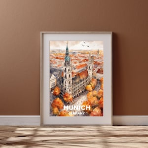 Munich Travel Art, Printable Munich City Poster, Germany Gift, Digital Download, Wedding Gift, Printable City, Watercolor Autumn Design