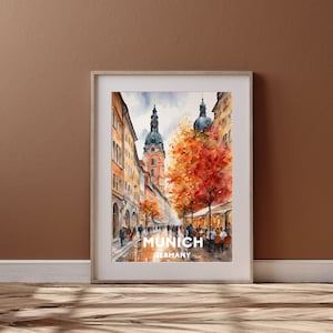 Munich Travel Art, Printable Munich City Poster, Germany Gift, Digital Download, Wedding Gift, Printable City, Watercolor Autumn Design