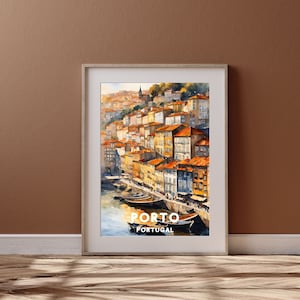 Arte de viagem da cidade do Porto, pôster da cidade do Porto para impressão, presente de Portugal, download digital, presente de casamento, design de outono em aquarela para impressão