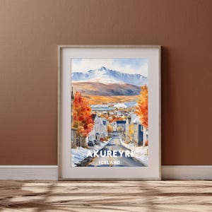 Akureyri City Travel Art, druckbare Akureyri City Reisekunst, Island Geschenk, Digital Download, Hochzeitsgeschenk, druckbare Aquarell Herbst Design
