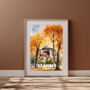 Istanbul City Travel Art, Printable Istanbul City Poster, Turkey Gift, Digital Download, Wedding Gift, Printable Watercolor Autumn Design