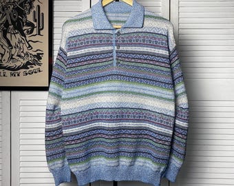 Maglione a collo alto a righe in maglia stile Coogi vintage anni '80, taglia M da uomo