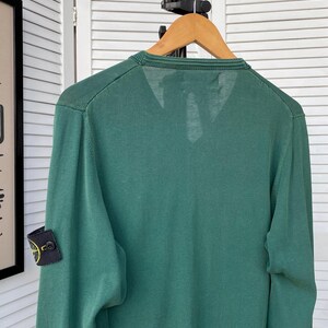 Pu&ograve; includere: Un maglione verde a maniche lunghe con una piccola toppa circolare sul braccio sinistro. La toppa ha un design a bussola con sfondo giallo e dettagli neri.