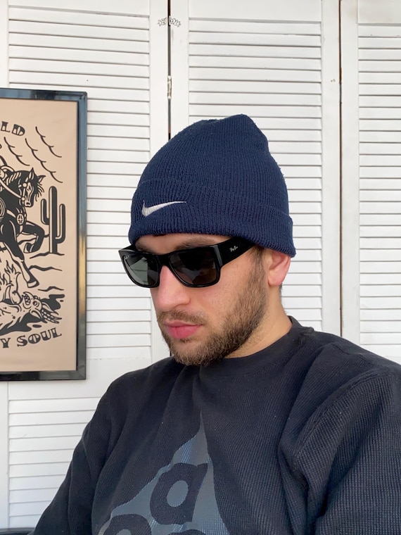 ニ*ニ様 90s Nike navy beanie big swoosh AP6 Vintage Nike Beanie Nike Big Swoosh Hat Nike Blue Beanie