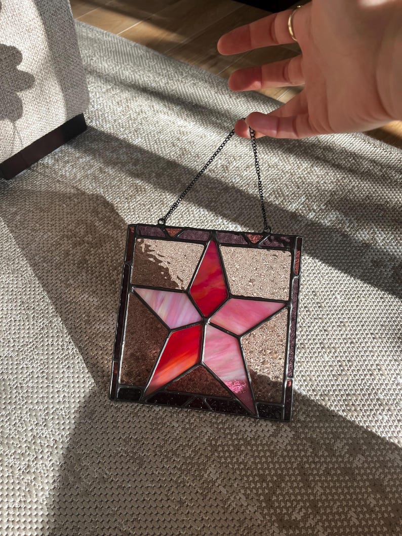 Iridescent Pink and Red Star Stained Glass Piece With Border - Etsy