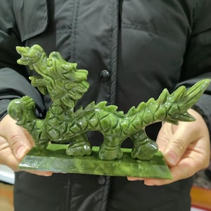 Natural Green Jade Dragon Statue, Fengshui dragon Figure, Stone Hand-Carved Eastern Dragon Figurine, Crystal 12 Zodiac dragon Sculpture pw48