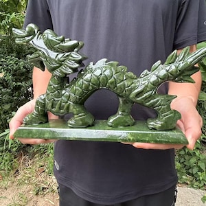 Natural Green Jade Dragon Statue, Fengshui dragon Figure,Stone Hand-Carved Eastern Dragon Figurine, Crystal 12 Zodiac dragon Sculpture pL176