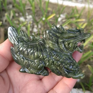 Natural Green Jade Dragon Statue, Fengshui dragon Figure, Stone Hand-Carved Eastern Dragon Figurine, Crystal 12 Zodiac dragon Sculpture p004