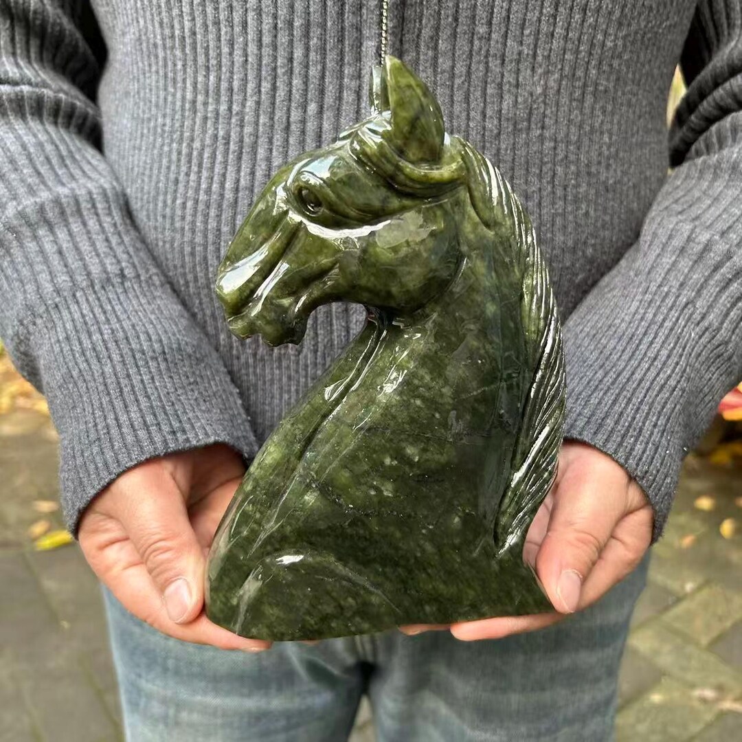 Natural Green Jade Horse Head Statue,hand Carved Crystal Animal, Quartz ...