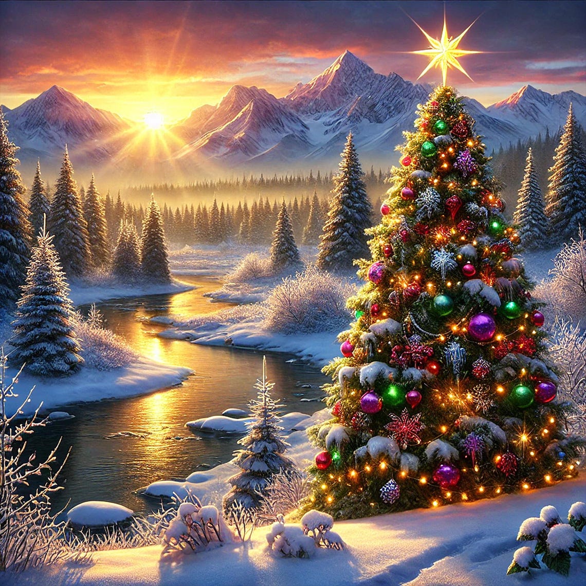 Sereen winterlandschap met zonsopgang en kerstboom - levendig digitaal schilderen | Vakantiemuurkunst | Besneeuwd berglandschap | Kerstdecoratie afbeelding 1