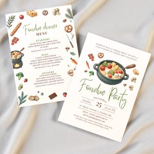 Gemütliches Winter-Fondue-Party Printable Set | Einladungen, Menü- und Namenskärtchen für Käse & Schokoladen-Fondue Abend | Bearbeitbarer PDF-Download