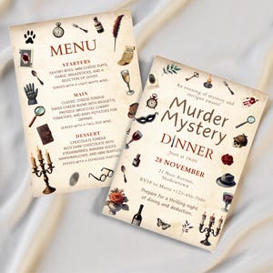 Modèle imprimable Dîner mystère meurtre : faire-parts, menu et cartes de visite pour un événement palpitant