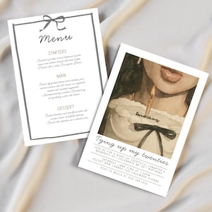 Elegant 30th Birthday Template | “Tying Up My Twenties” Invite, Menu & Name Cards | Watercolor and Minimalist Design “Tying Up Her Twenties”