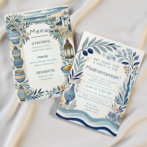 Mediterran Dinner Party Vorlage | Einladung, Menü & Namenskärtchen im Set | Bearbeitbares Event-Dekor für Summer Chic Gatherings