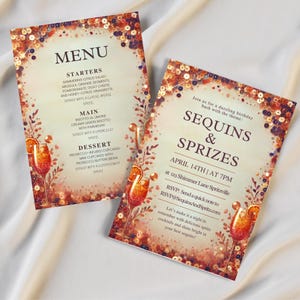 Pailletten und Spritzes Party Set | Bearbeitbare Einladungs-, Menü- und Namenskarten-Vorlagen für glamouröse Dinner- oder Cocktailpartys. Oranges Set.