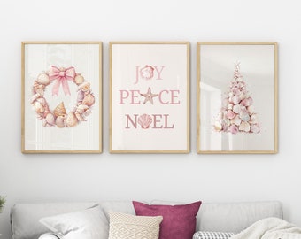 Coastal Wall Art Set of 3 Seashell Christmas Tree Printable Coastal Xmas Print Nautical Holiday Decor Pink Christmas Beach House Wall Art