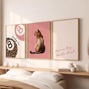 Lot de 3 tirages d'art mural léopard, impression de guépard léopard, 8 boules, affiche tendance impression animalière porte-bonheur, téléchargement numérique d'art mural rose poudré
