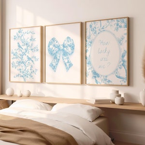 Blue Botanical How Lucky Are We Set of 3 Blue Chinoiserie Wall Art Blue White Floral Bow Wall Art Set of 3 French Floral Toile Art Print